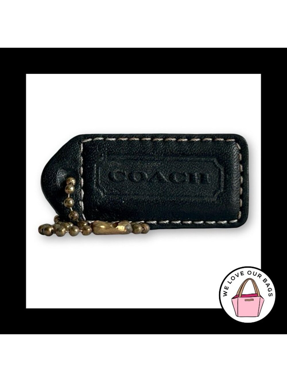 COACH Y2K VINTAGE Hang Tag 2" Black Leather Bag Charm Keychain Fob Brass Medium